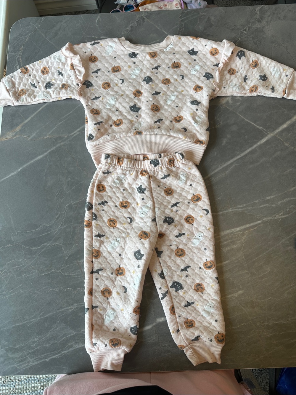 Quilted Kids Pajama Set in Light Pink with Pumpkin & Cat Print